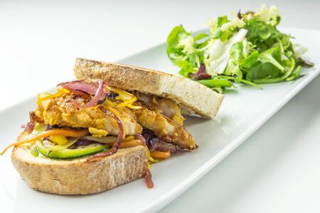 Plate with Breaded fish fillet sandwich with vegetables and mustard isolated on whiteの写真素材