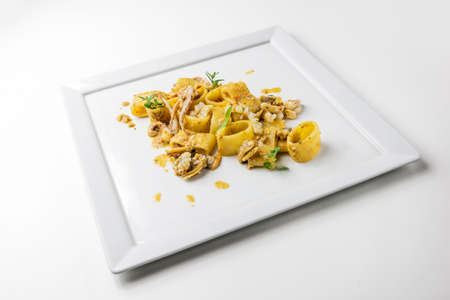 Dish of calamarata pasta with squid and clams isoated on white backgroundの写真素材