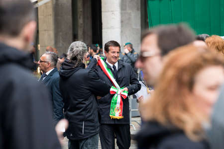 Bergamo, Italy - May 4, 2019: The mayor of Bergamo Giorgio Gori at the swearing-in ceremony of the cadets of the financial policeのeditorial素材