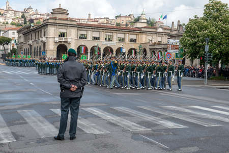 Bergamo, Italy - May 4, 2019: Parade of the cadets of the finance guard academy after taking the...