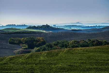 Tuscan landscape of the Sienese hills Autumn agricultural phases after the harvestの写真素材