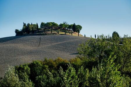 Tuscan landscape of the Sienese hills Autumn agricultural phases after the harvestの写真素材