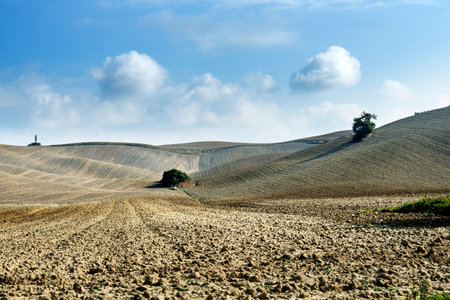 Tuscan landscape of the Sienese hills Autumn agricultural phases after the harvestの写真素材
