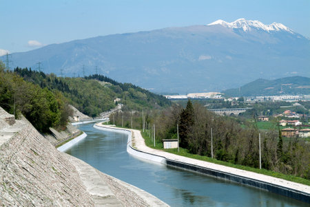 Horizontal shot of Artificial river channel in concreteの写真素材