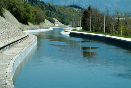 Horizontal shot of Artificial river channel in concreteの写真素材