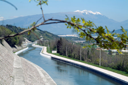 Horizontal shot of Artificial river channel in concreteの写真素材