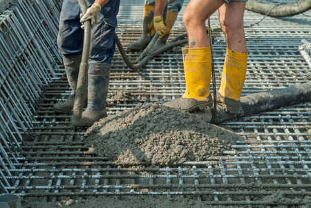 Concrete casting on Reinforcing Bar of floor in industrial Construction siteの写真素材