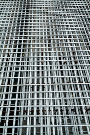 Perspective view of construction site with Reinforced structure for pouring concrete on a bridge deckの写真素材