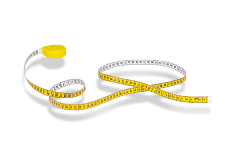 Tape Measure Tailor unrolled suspended on a white backgroundの写真素材