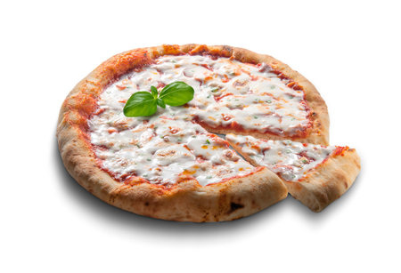Classic round pizza margherita sliced with basil isolated on white backgroundの写真素材