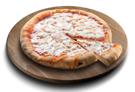 Classic round pizza margherita sliced on wooden cutting board isolated on white backgroundの写真素材