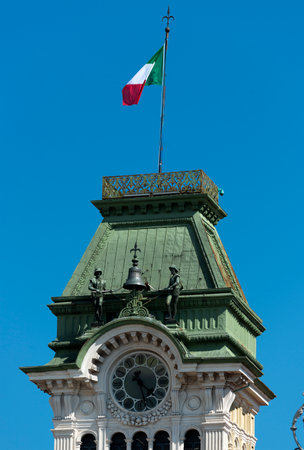 Detail of the tower with the clock of the town hall of Trieste with Michez and Jachezの写真素材