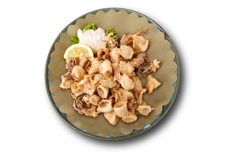 Top view of Round dish with fried squid with sauce and lemon wedge on white backgroundの写真素材