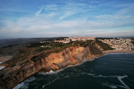 Aerial drone view of the giant waves at Nazare, Portugalの写真素材