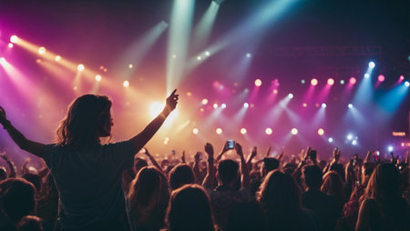 Silhouetted concert crowd rejoices under vibrant stage lights at music festivalの素材