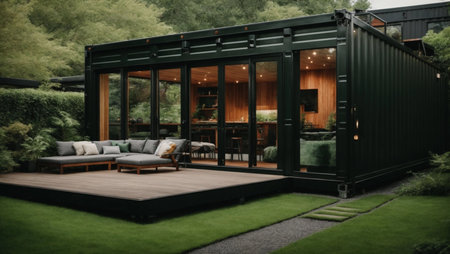 Modern container house with dark metal paneling and green backyardの素材