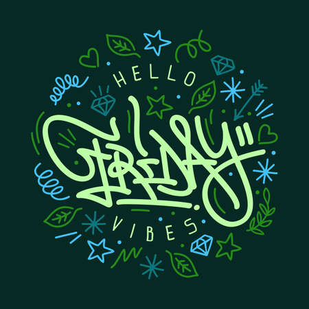 Hand Sketched Hello Friday Vibes Vector Typography As Logotype, Badge and Icon, Postcard, Card, Invitation, Flyer, Banner Template.のイラスト素材