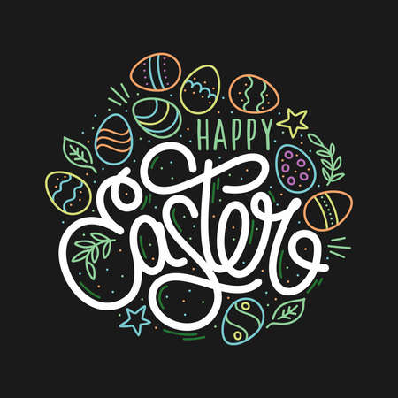 Hand Sketched Happy Easter Vector Typography As Logotype, Badge and Icon, Easter Postcard, Card, Invitation, Flyer, Banner Template.のイラスト素材