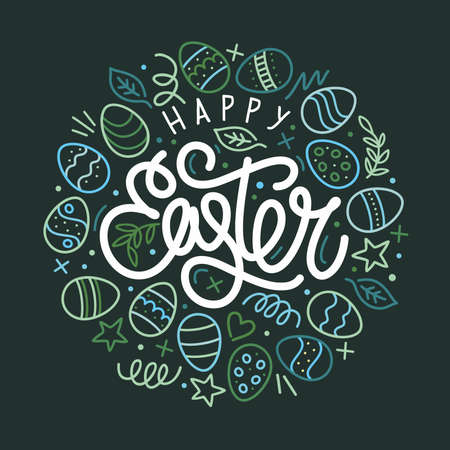 Hand Sketched Happy Easter Vector Typography As Logotype, Badge and Icon, Easter Postcard, Card, Invitation, Flyer, Banner Template.のイラスト素材