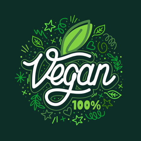 Word Vegan Text With Green Leaf Hand Written Vector Typography Illustration And Some Doodle Elements , Badge and Icon, Postcard, Card, Invitation, Flyer, Banner Templateのイラスト素材
