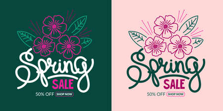 Hand Written Word Spring Sale Vector Background Illustration With Flowers. The Design Of The Banner With A Discount With Cherry Blossoms And Petalsのイラスト素材