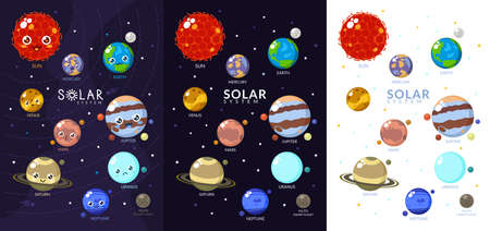Three Variants Of Solar System With Cartoon Planets.のイラスト素材