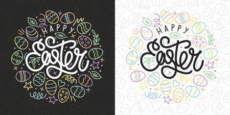 Hand Sketched Happy Easter Vector Typograpy As   Badge and Icon, Easter Postcard, Card, Invitation, Flyer, Banner Template.のイラスト素材