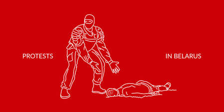Belarus Protests Abstract Silhouettes Vector Illustration With Belorussian Security Official And Beaten Protesterのイラスト素材