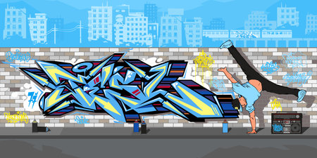 Streetart Graffiti Wall And B boy Dancing Against The Background Of The Cityscape Vector Illustrationのイラスト素材