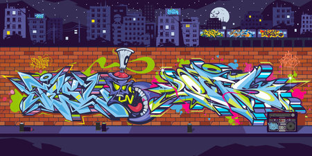 Graffiti Wall With Drawings At Night Against The Background Of The Cityscape Vector Illustrationのイラスト素材