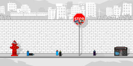 Brick Wall Coloring Page With Some Colorful Elements And Background Of The Cityscape Vector Illustrationのイラスト素材