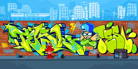 Abstract Outdoor Colorful Urban Streetart Graffiti Wall With Drawings Against The Background Of The Cityscape Vector Illustrationのイラスト素材