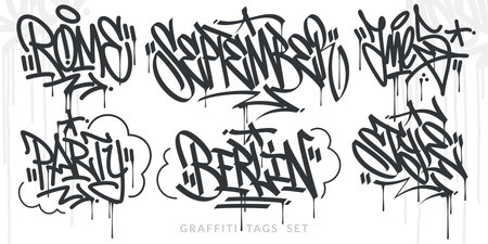 Flat Abstract Hip Hop Hand Written Urban Street Art Graffiti Style Words Vector Illustration Setのイラスト素材