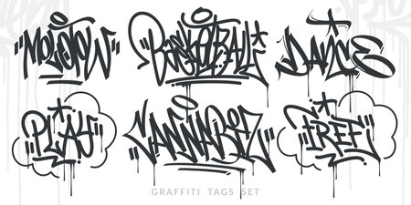 Abstract Handwritten Hip Hop Urban Street Art Graffiti Style Words Vector Illustration Setのイラスト素材