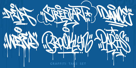 Flat Abstract Handwritten Hip Hop Urban Street Art Graffiti Style Words Vector Illustration Setのイラスト素材