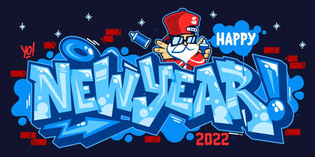 Abstract Banner Happy New Year 2022 With Santa Claus In Graffiti Style Font Lettering Vector Illustration Artのイラスト素材
