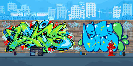 Colorful Outdoor Urban Streetart Graffiti Wall With Drawings Against The Background Of The Cityscape Vector Illustrationのイラスト素材