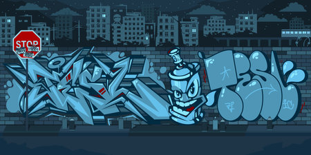 Dark Outdoor Urban Graffiti Wall With Drawings At Night Against The Background Of The Cityscape Vector Illustration Artのイラスト素材