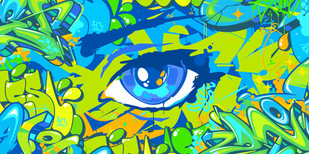 Trendy Abstract Urban Colorful Neon Futuristic Street Art Graffiti Style Background With An Big Eye Vector Illustrationのイラスト素材