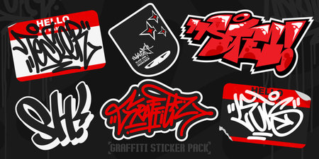 Red Abstract Colorful Urban Graffiti Style Sticker Bombing With Some Street Art Lettering Vector Illustration Art Setのイラスト素材