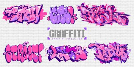 Abstract Colorful Urban Graffiti Style Street Art Lettering Vector Illustration Set. Vector illustrationのイラスト素材