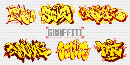 Trendy Abstract Colorful Urban Graffiti Style Street Art Lettering Vector Illustration Set. Vector illustrationのイラスト素材