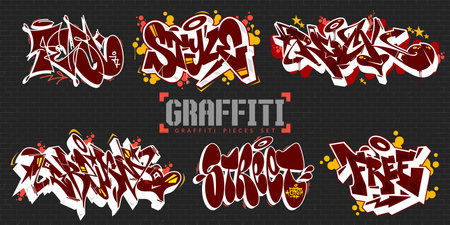 Trendy Dark Abstract Colorful Urban Street Art Lettering Vector Graffiti Pieces Set. Vector illustrationのイラスト素材