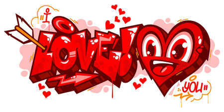Abstract Graffiti Style I Love You Lettering With Heart Art For Happy Valentines Day Or Weddingのイラスト素材