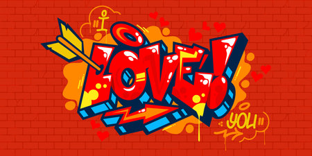 Cool Trendy Abstract Graffiti Style I Love You Lettering Art For Happy Valentines Day Or Wedding. Vector illustrationのイラスト素材
