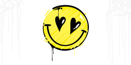 Lovely Trendy Abstract Street Art Graffiti Style Happy Smiling Face Emoji Sticker Vector Design. Vector illustrationのイラスト素材