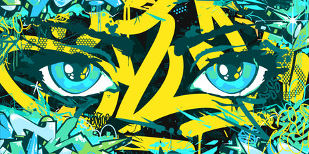 Modern Abstract Urban Futuristic Street Art Graffiti Style Background With Big Eyes Illustration. Vector illustrationのイラスト素材