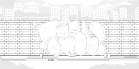 Trendy Brick Wall With Street Art Graffiti Drawing Coloring Page With Background Of The Cityscapeのイラスト素材