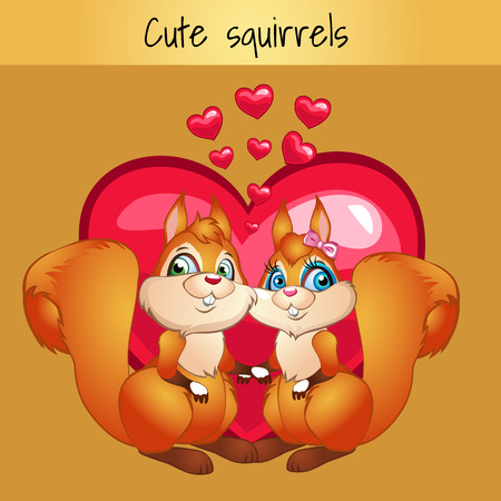Two cute squirrels in love on the hearts backgroundのイラスト素材