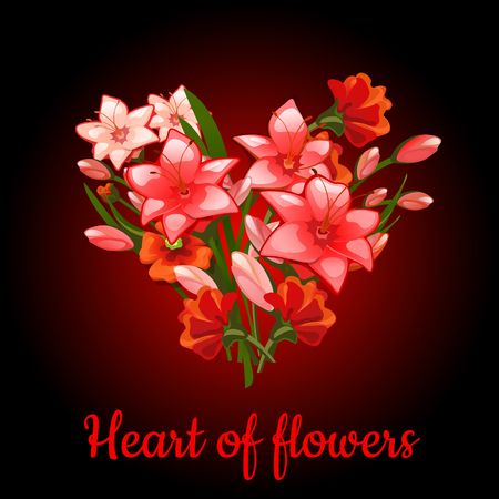 Heart of flowers red lilies on a dark red backgroundのイラスト素材